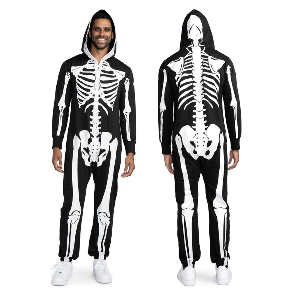 Spooktacular Creations Mens Skeleton Jumpsuit &Hood Costume Size S Glow In Dark